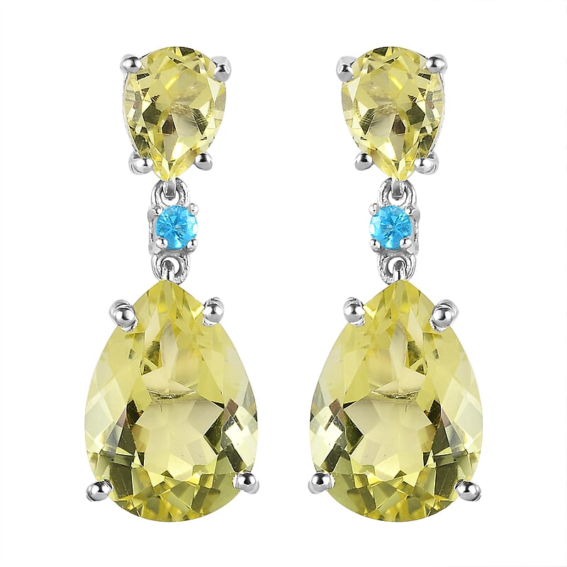 Ouro Verde Quartz and Malgache Neon Apatite Dangle Earrings in Platinum Over Sterling Silver 11.15 ctw