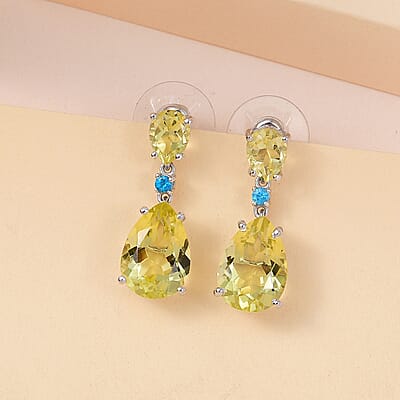 Ouro Verde Quartz and Malgache Neon Apatite Dangle Earrings in Platinum Over Sterling Silver 11.15 ctw