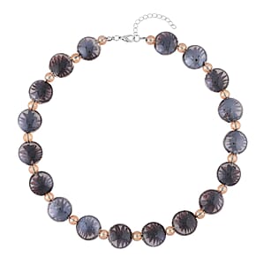Black and Champagne Glass Beaded Necklace 20-22 Inches in Silvertone