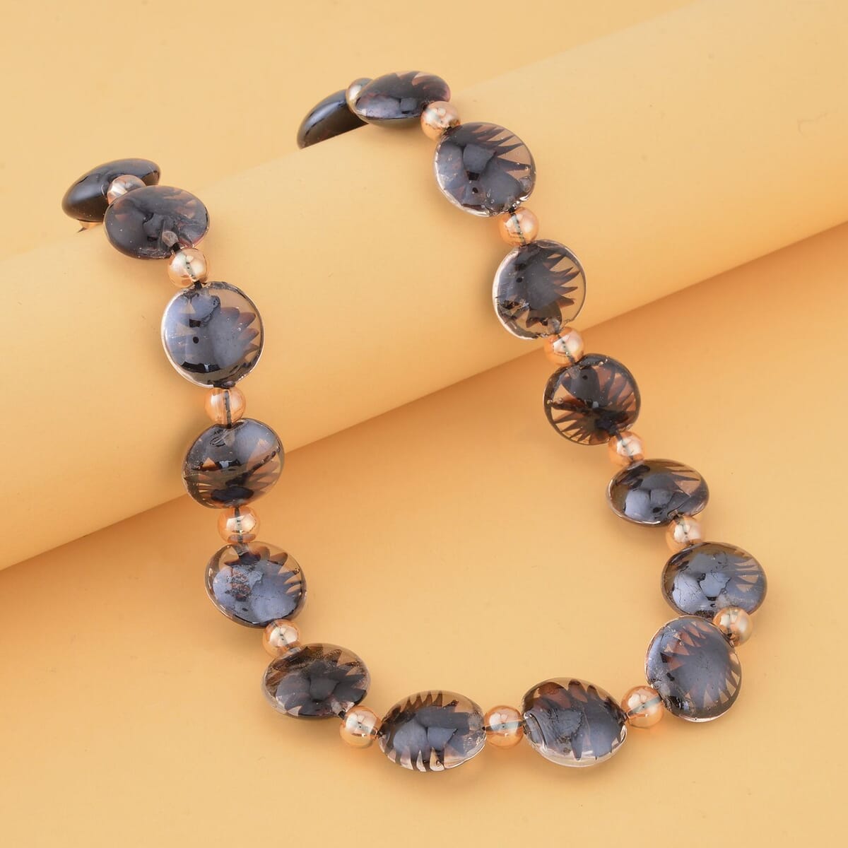 Black Color Murano Style and Champagne Glass Beaded Necklace 20-22 Inches in Silvertone image number 1