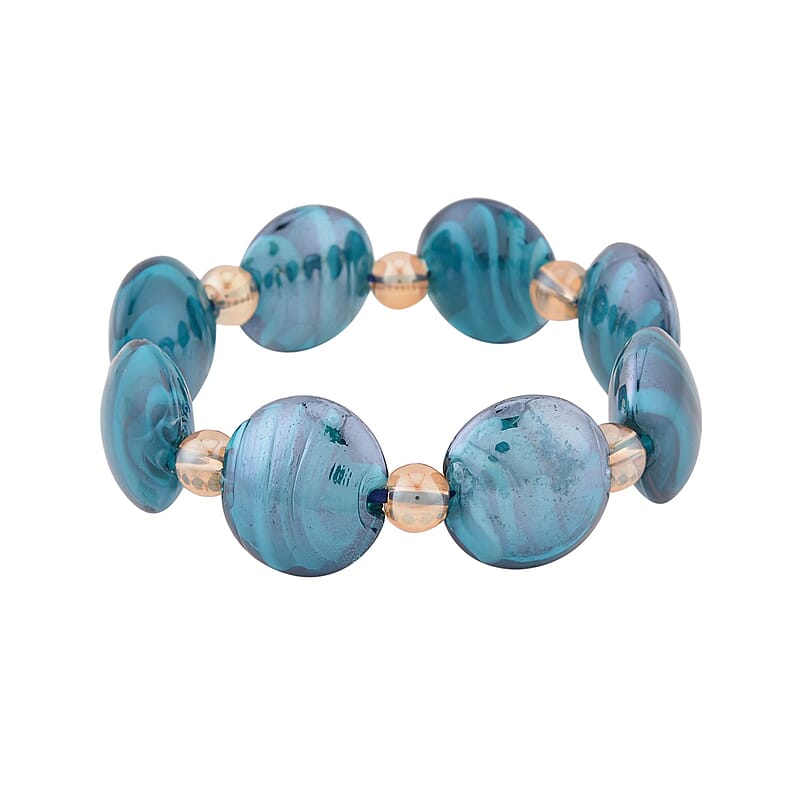 Blue Color Murano Style and Champagne Glass Beaded Stretch Bracelet