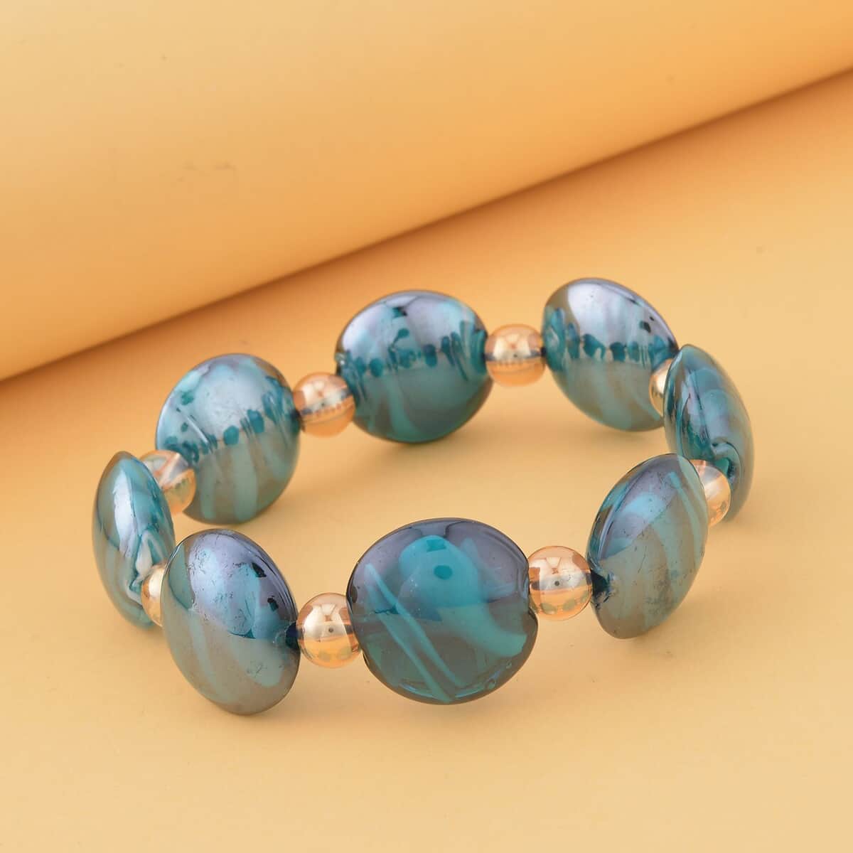 Blue Color Murano Glass and Champagne Glass Beaded Stretch Bracelet image number 1