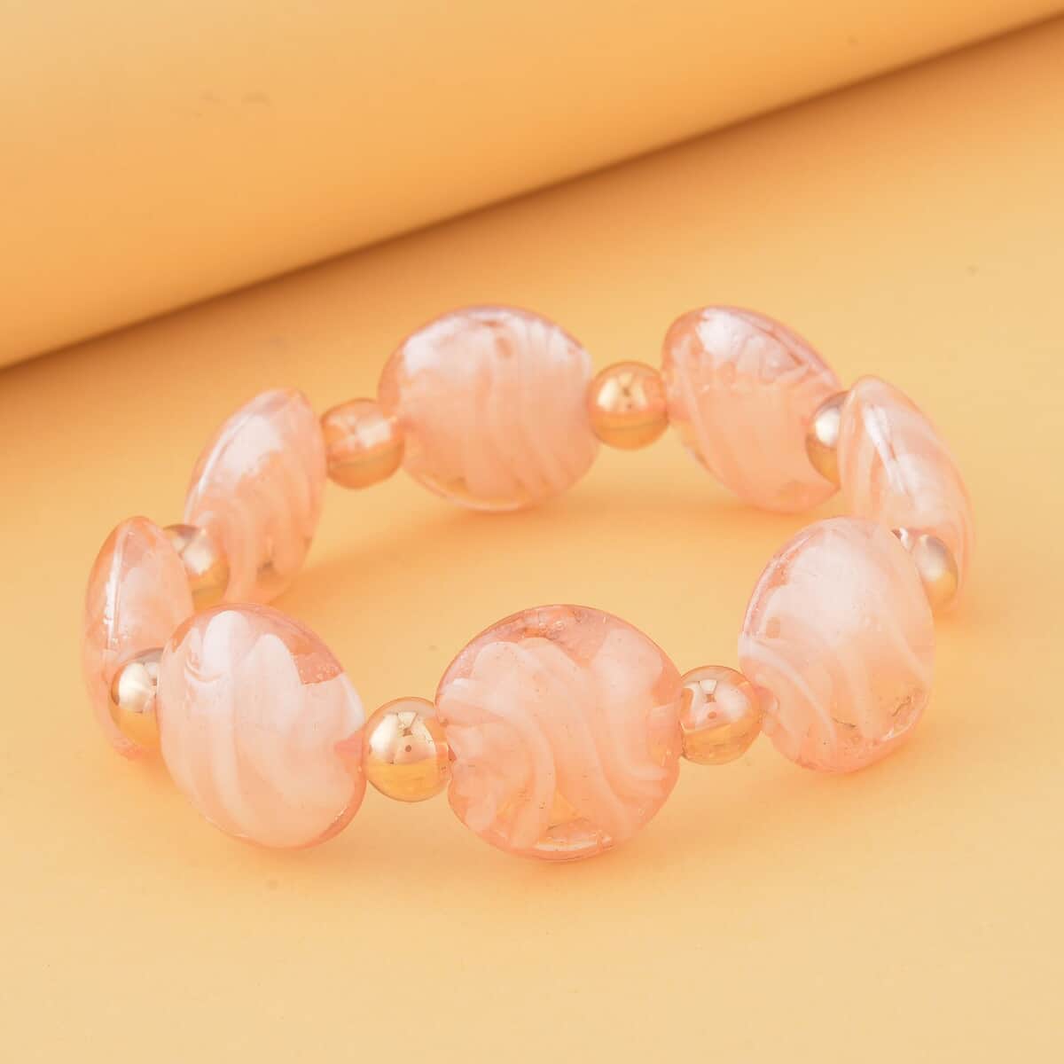 Pink Color Murano Style and Champagne Glass Beaded Stretch Bracelet image number 1