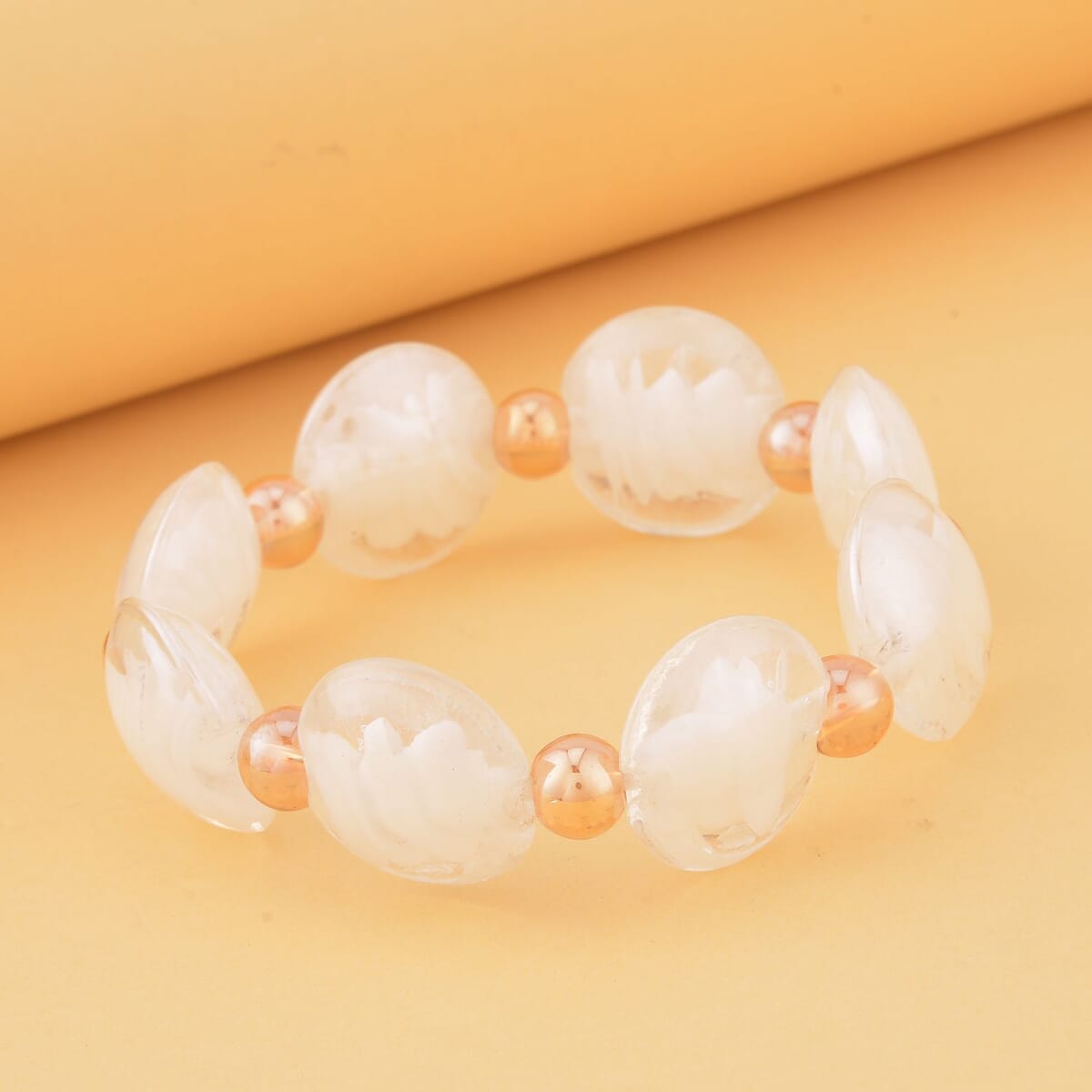 White Color Murano Style and Champagne Glass Beaded Stretch Bracelet image number 1