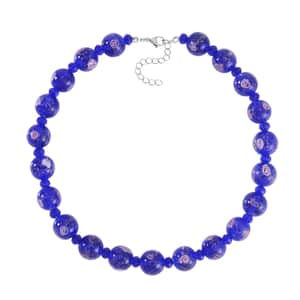 Blue Color Murano Style and Blue Glass Beaded Necklace 20-22 Inches in Silvertone