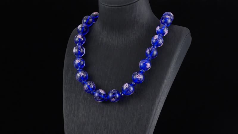 Blue Color Murano Glass and Blue Glass Beaded Necklace 20-22 Inches