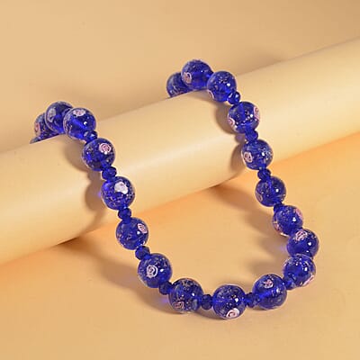 Blue Color Murano Style and Blue Glass Beaded Necklace 20-22 Inches in Silvertone
