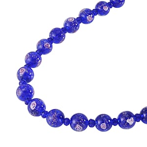 Blue Color Murano Style and Blue Glass Beaded Necklace 20-22 Inches in Silvertone