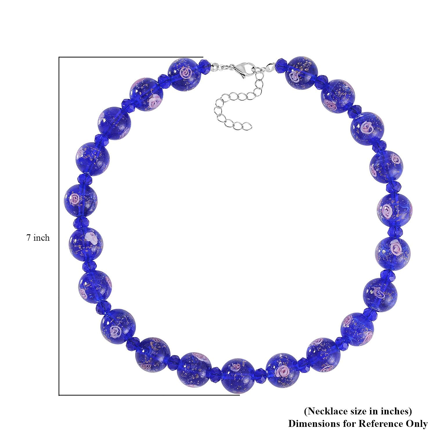 Blue Color Murano Style and Blue Glass Beaded Necklace 20-22 Inches in Silvertone