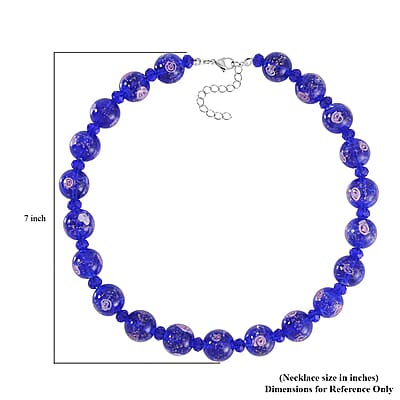 Blue Color Murano Style and Blue Glass Beaded Necklace 20-22 Inches in Silvertone