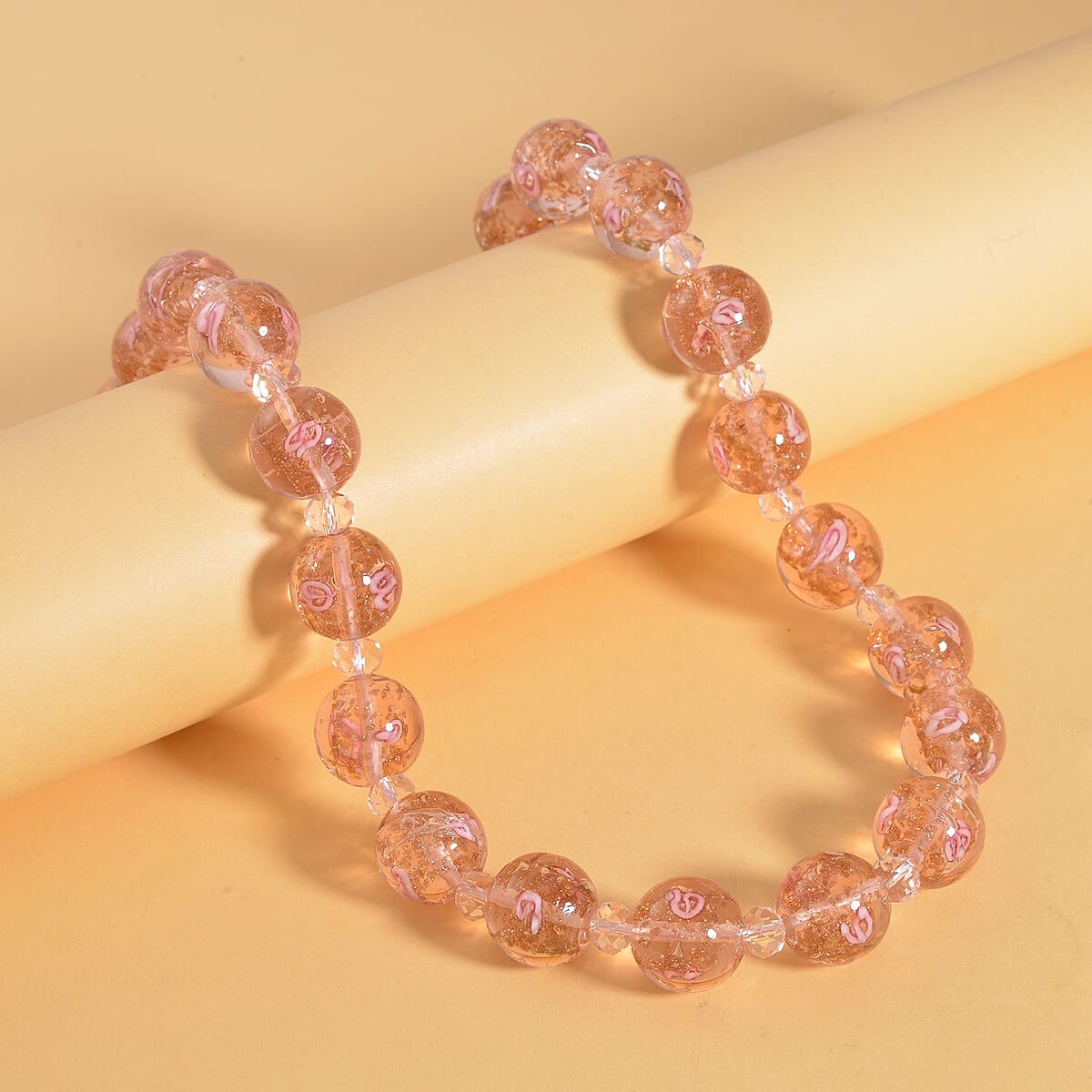 Pink Color Murano Style and Pink Glass Beaded Necklace 20-22 Inches in Silvertone image number 1