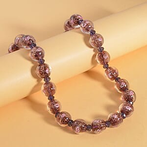 Purple Color Murano Style and Purple Glass Beaded Necklace 20-22 Inches in Silvertone