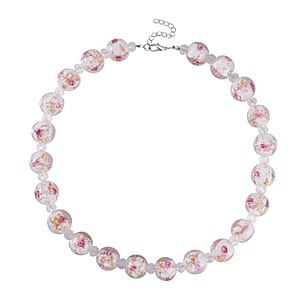 White Color Murano Style and White Glass Beaded Necklace 20-22 Inches in Silvertone