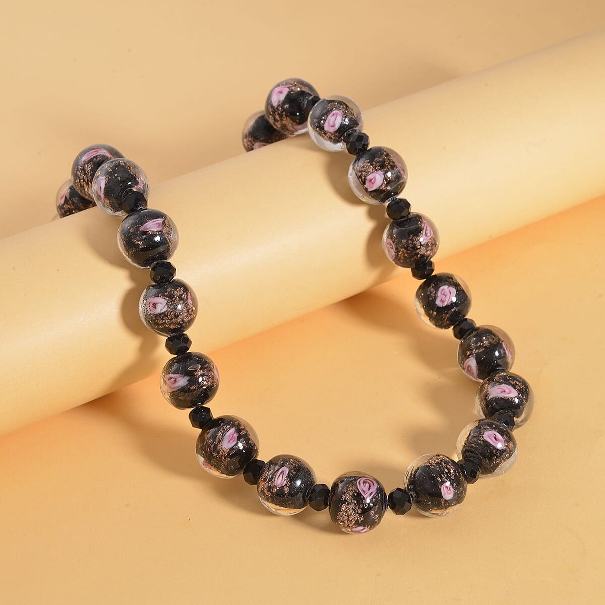Black Color Murano Style and Black Glass Beaded Necklace 20-22 Inches in Silvertone image number 1