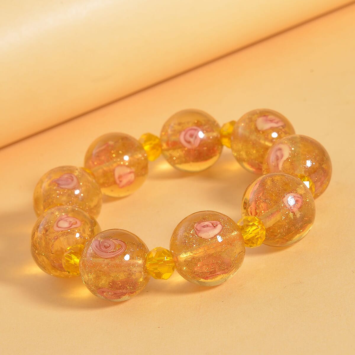 Champagne Color Murano Style and Champagne Glass Beaded Stretch Bracelet image number 1