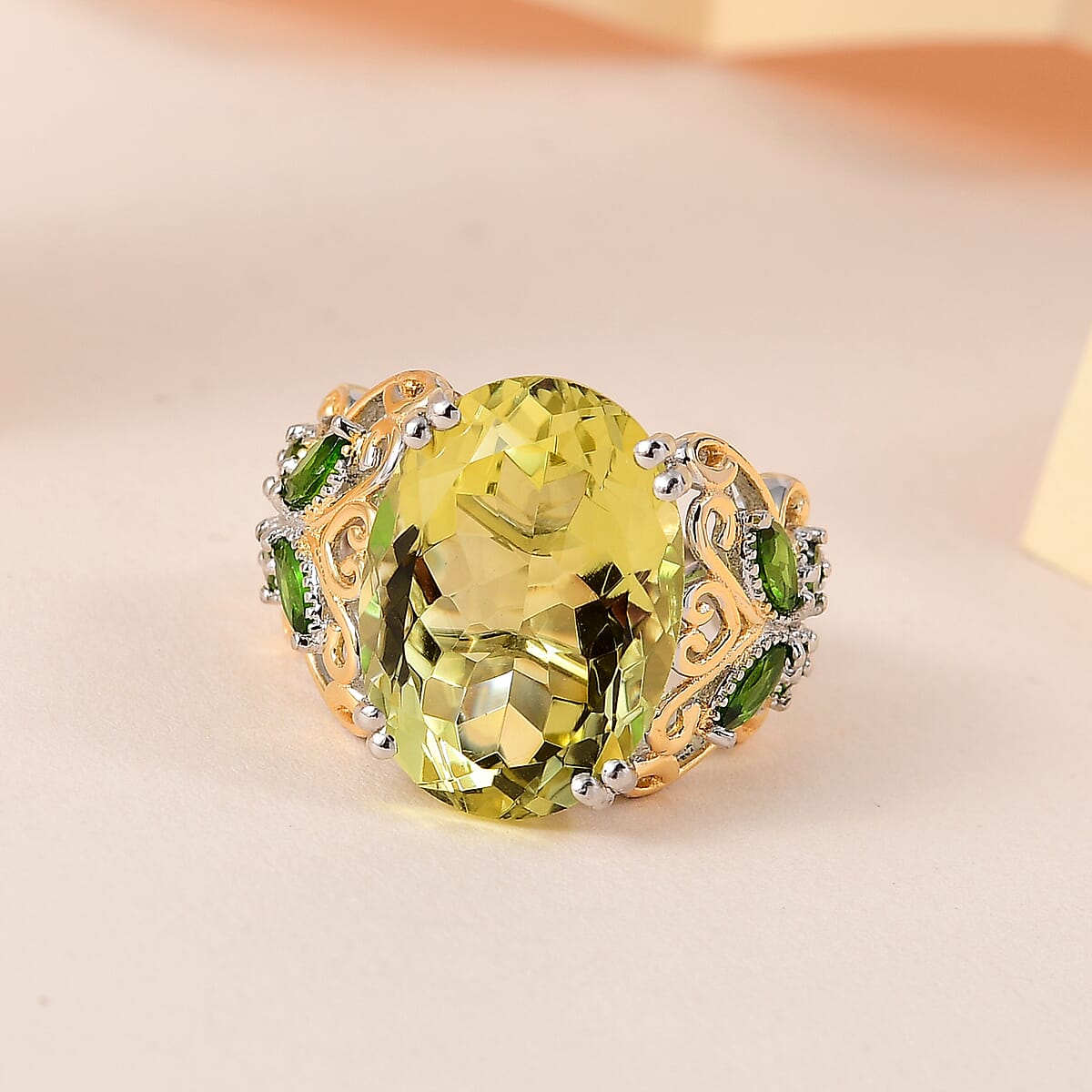 Ouro Verde Quartz and Natural Chrome Diopside Ring in Vermeil YG and Platinum Over Sterling Silver 12.85 ctw image number 1