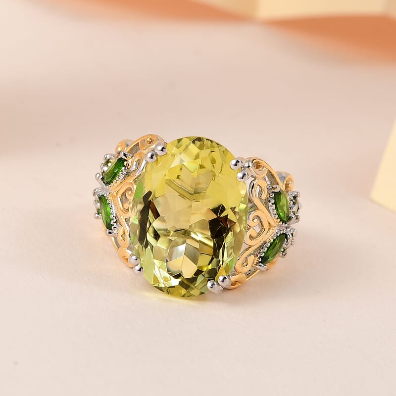 Ouro Verde Quartz and Chrome Diopside Ring in Vermeil YG and Platinum Over Sterling Silver (Size 10.0) 12.85 ctw