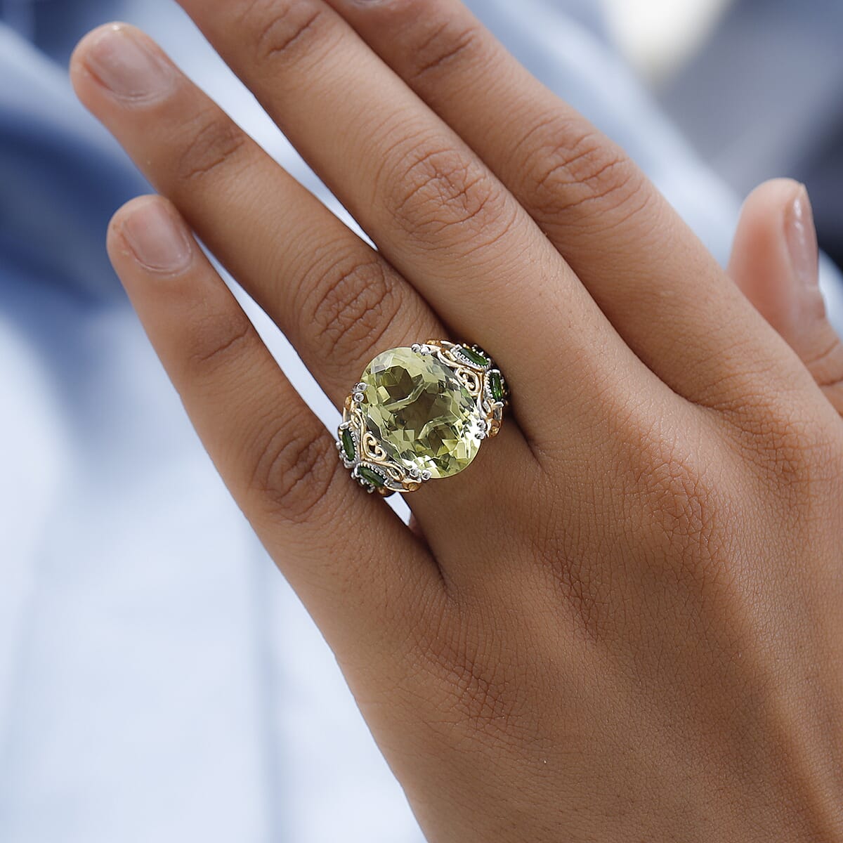 Ouro Verde Quartz and Natural Chrome Diopside Ring in Vermeil YG and Platinum Over Sterling Silver 12.85 ctw image number 2