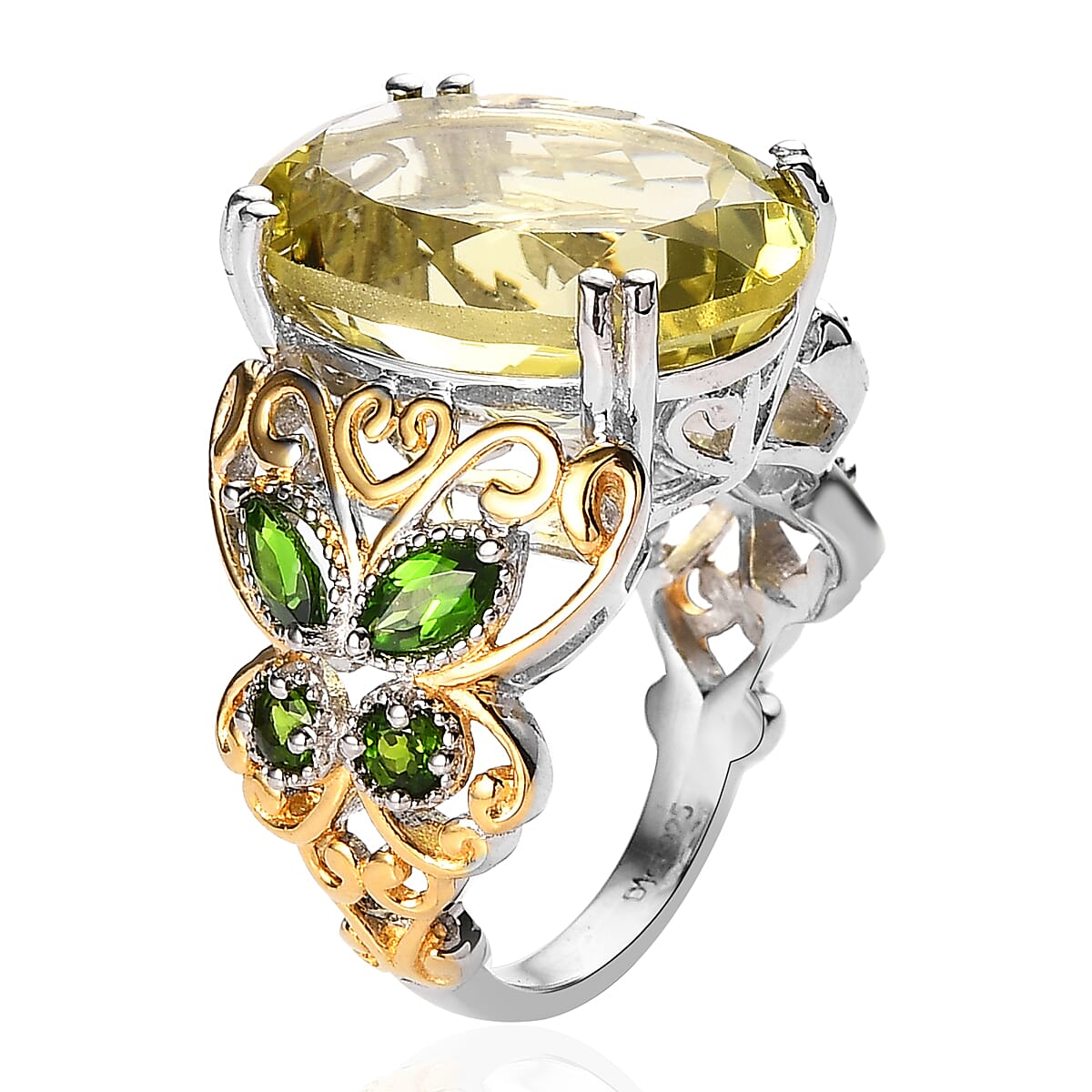 Ouro Verde Quartz and Natural Chrome Diopside Ring in Vermeil YG and Platinum Over Sterling Silver 12.85 ctw image number 3