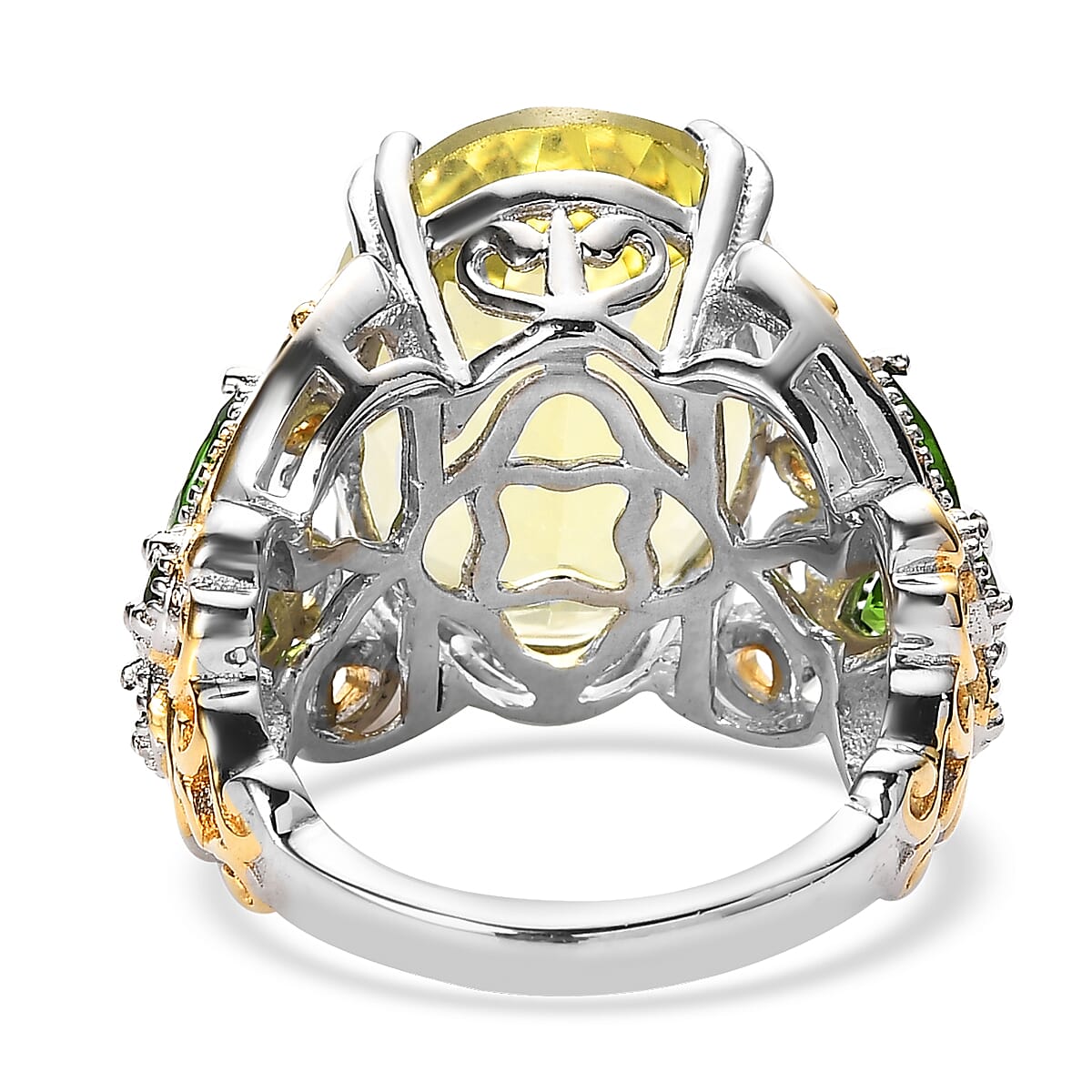 Ouro Verde Quartz and Natural Chrome Diopside Ring in Vermeil YG and Platinum Over Sterling Silver 12.85 ctw image number 4