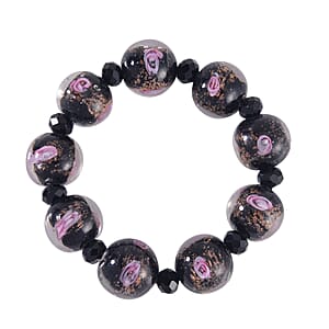 Black Color Murano Style and Black Glass Beaded Stretch Bracelet