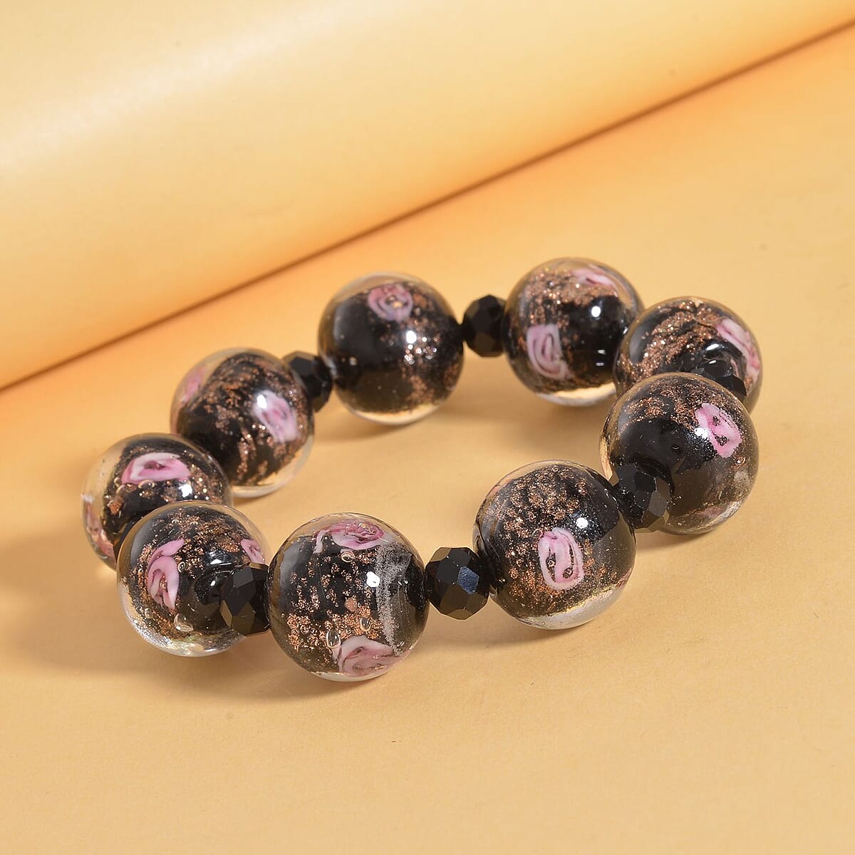 Black Color Murano Style and Black Glass Beaded Stretch Bracelet image number 1