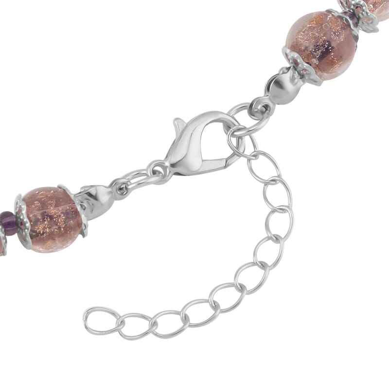 Purple Glass Beaded Necklace in Silvertone 20-22 Inches