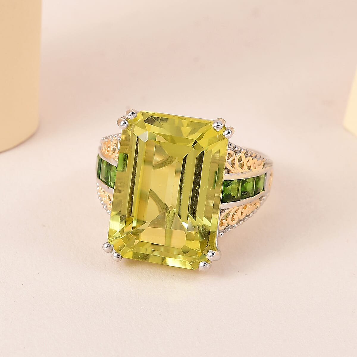 Ouro Verde Quartz and Chrome Diopside Ring in Vermeil YG and Platinum Over Sterling Silver (Size 10.0) 14.90 ctw image number 1