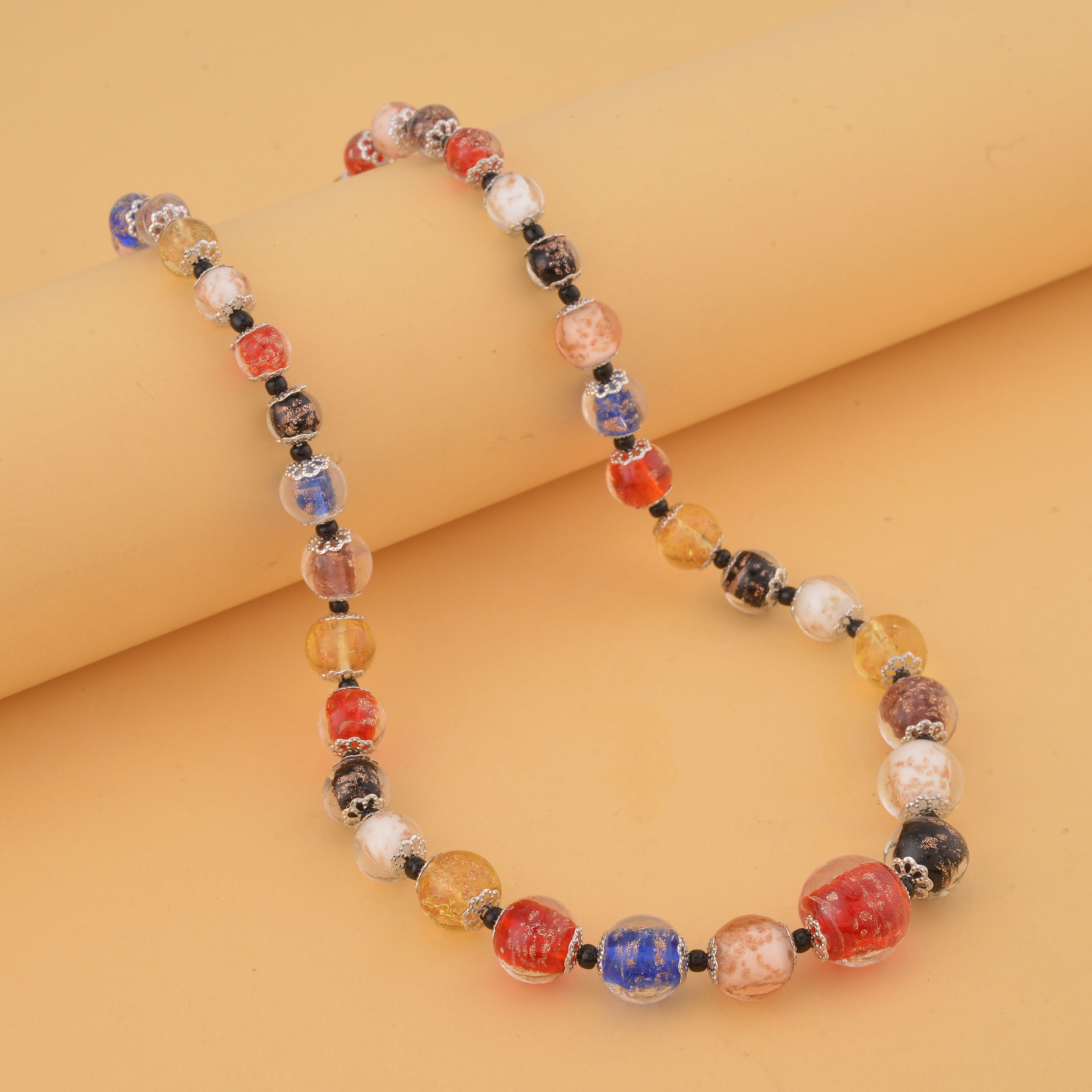 Multi Color Glass Beaded Necklace in Silvertone 20-22 Inches