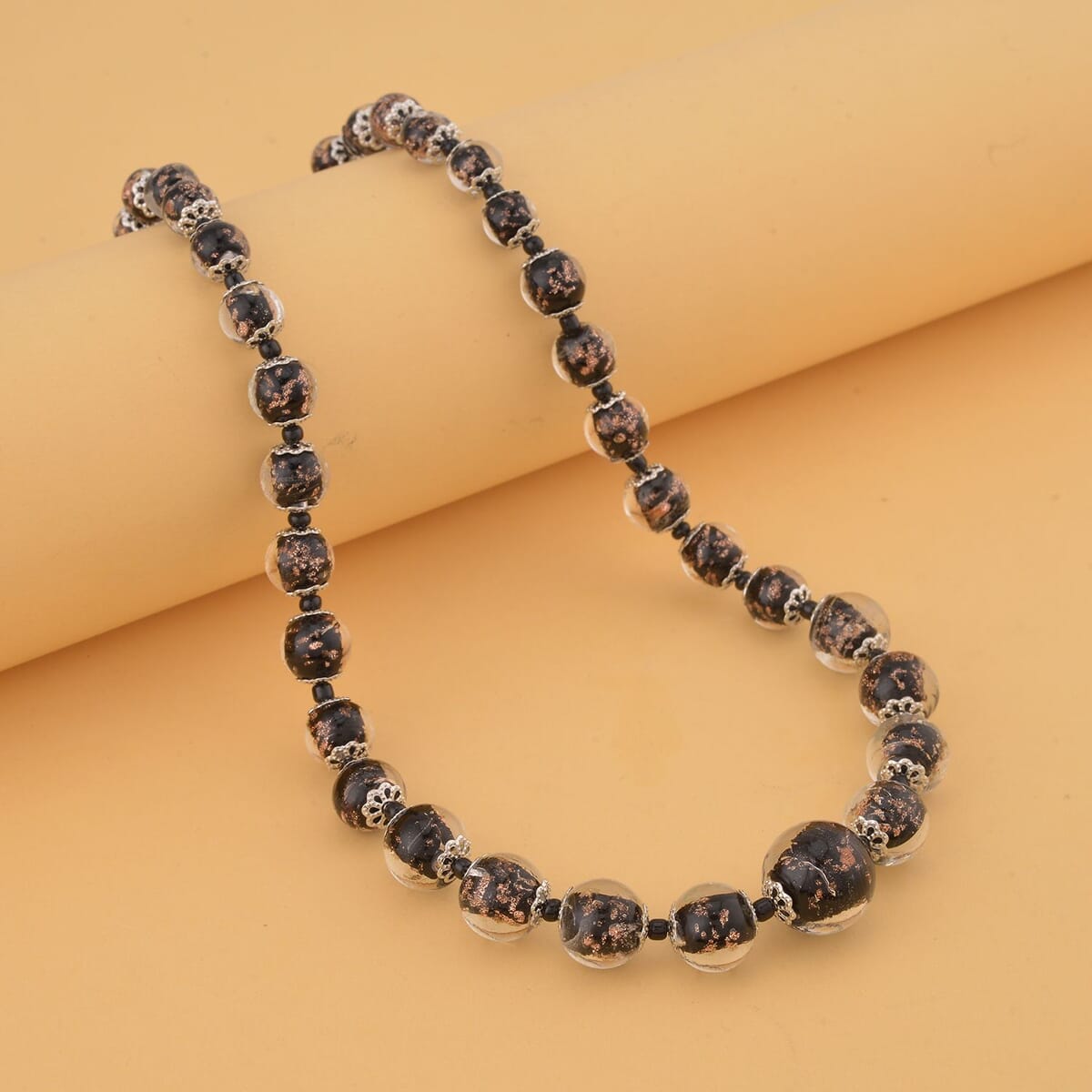 Black Color Murano Style and Black Glass Beaded Necklace in Silvertone 20-22 Inches image number 1