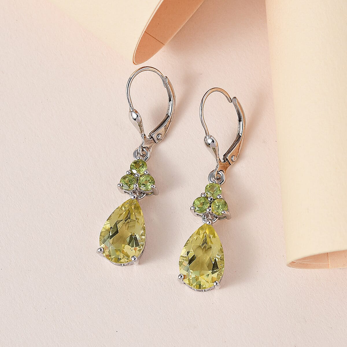 Ouro Verde Quartz and Peridot Dangling Earrings in Platinum Over Sterling Silver 6.40 ctw image number 1