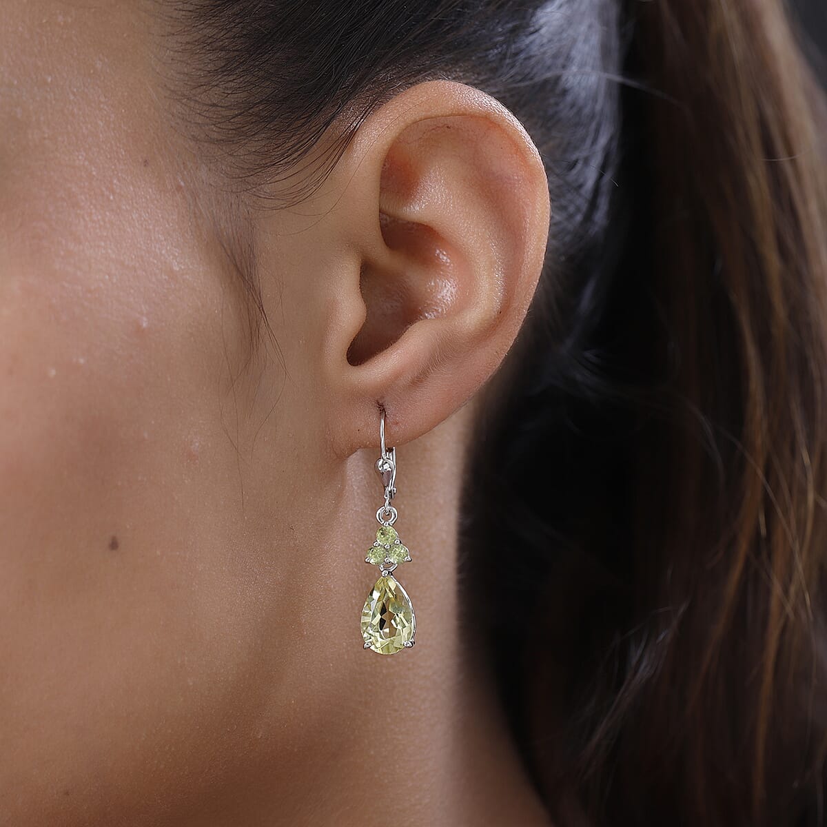 Ouro Verde Quartz and Peridot Dangling Earrings in Platinum Over Sterling Silver 6.40 ctw image number 2