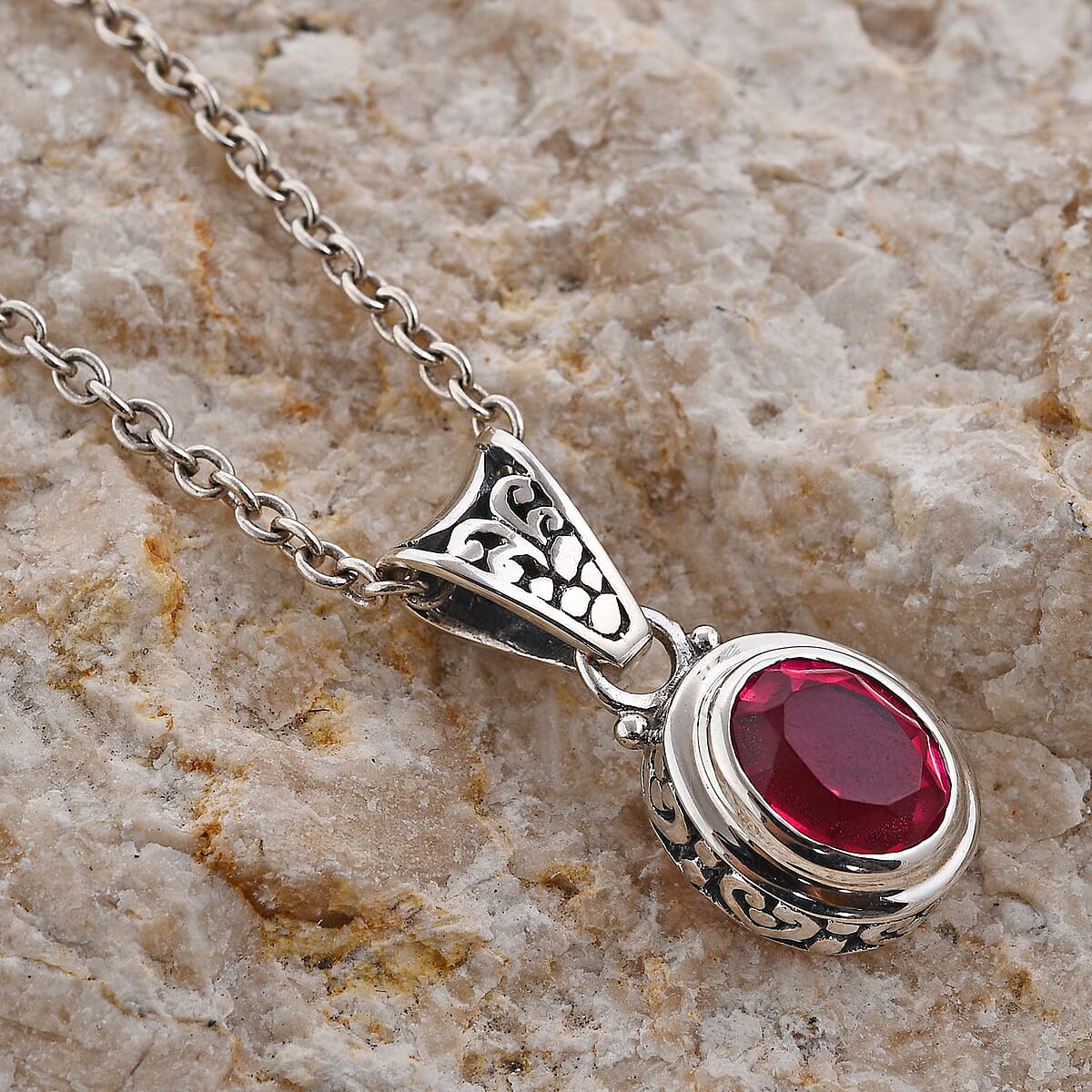 Bali Legacy Rubellite Quartz (Triplet) Solitaire Pendant in Sterling Silver 3.00 ctw image number 1