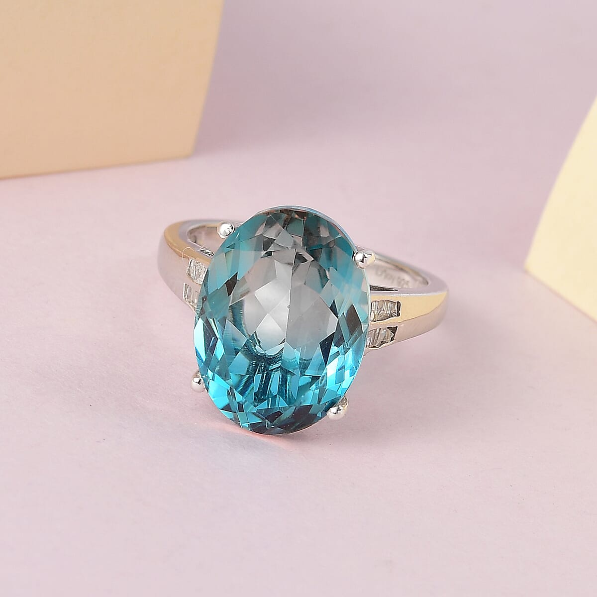 Aqua Terra Costa Quartz (Triplet) and Diamond Ring in Platinum Over Sterling Silver (Size 8.0) 9.50 ctw image number 1