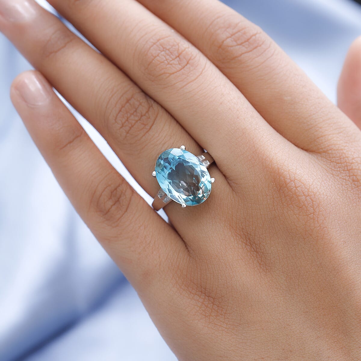 Aqua Terra Costa Quartz (Triplet) and Diamond Ring in Platinum Over Sterling Silver (Size 8.0) 9.50 ctw image number 2