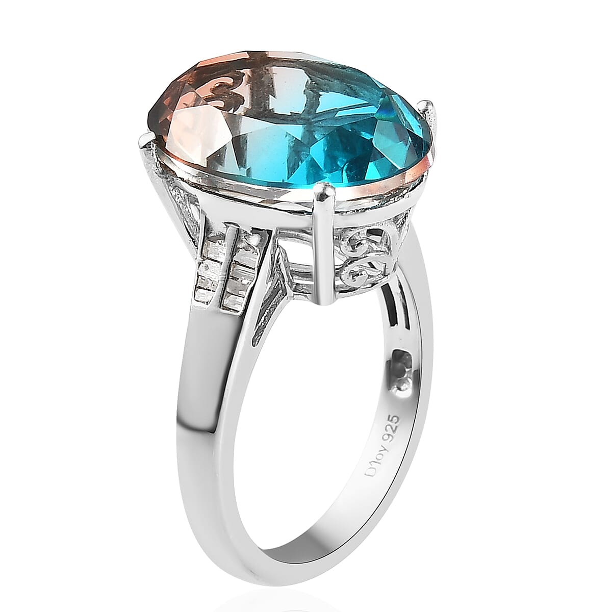 Aqua Terra Costa Quartz (Triplet) and Diamond Ring in Platinum Over Sterling Silver (Size 8.0) 9.50 ctw image number 3