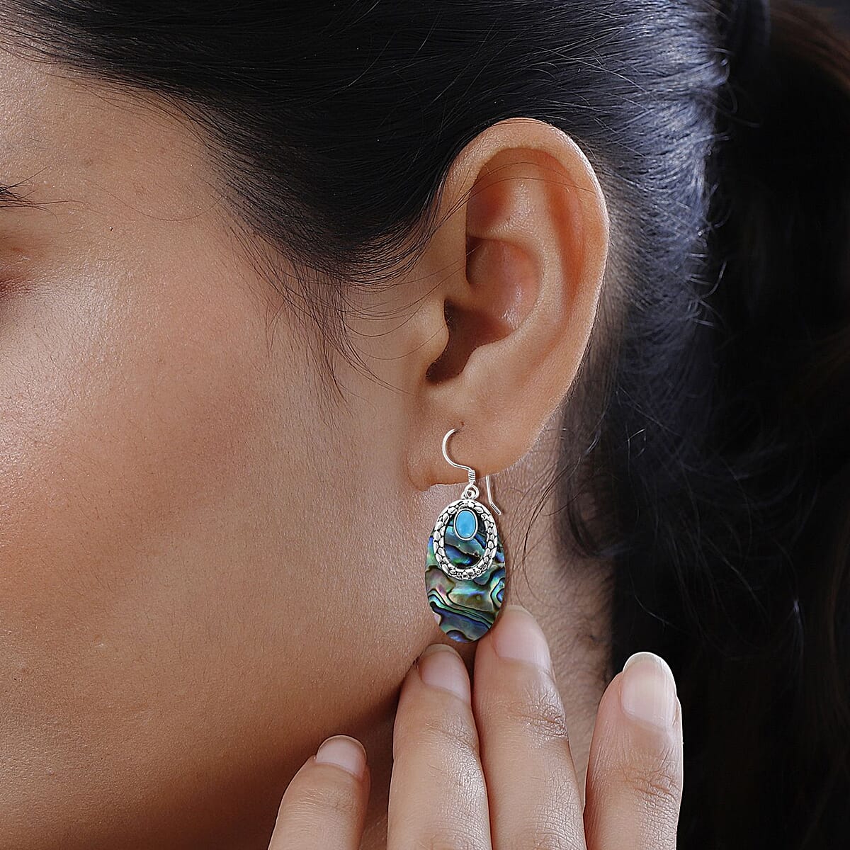 Bali Legacy Sleeping Beauty Turquoise and Abalone Shell Earrings in Sterling Silver 1.40 ctw image number 2