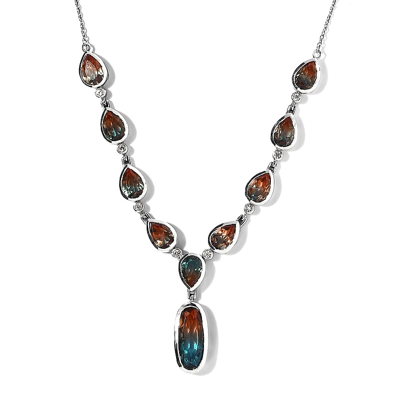 Aqua Terra Costa Quartz (Triplet) and White Zircon Y-Shape Necklace 18 Inches in Platinum Over Sterling Silver 18.85 ctw