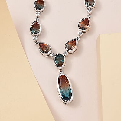 Aqua Terra Costa Quartz (Triplet) and White Zircon Y-Shape Necklace 18 Inches in Platinum Over Sterling Silver 18.85 ctw