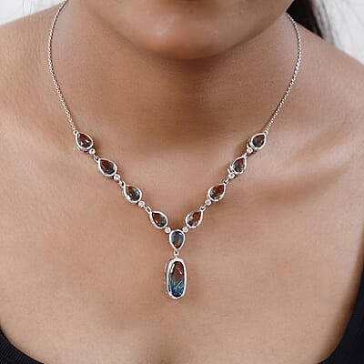 Aqua Terra Costa Quartz (Triplet) and White Zircon Y-Shape Necklace 18 Inches in Platinum Over Sterling Silver 18.85 ctw
