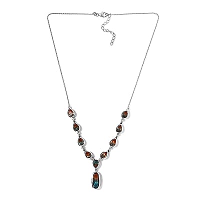 Aqua Terra Costa Quartz (Triplet) and White Zircon Y-Shape Necklace 18 Inches in Platinum Over Sterling Silver 18.85 ctw
