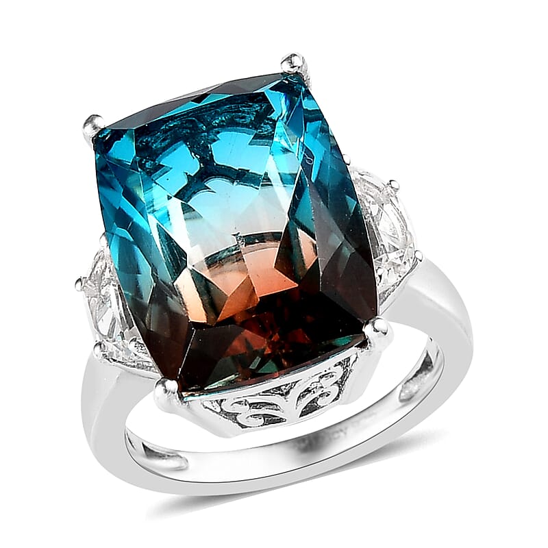 Aqua Terra Costa Quartz (Triplet) and White Topaz Ring in Platinum Over Sterling Silver (Size 10.0) 11.40 ctw