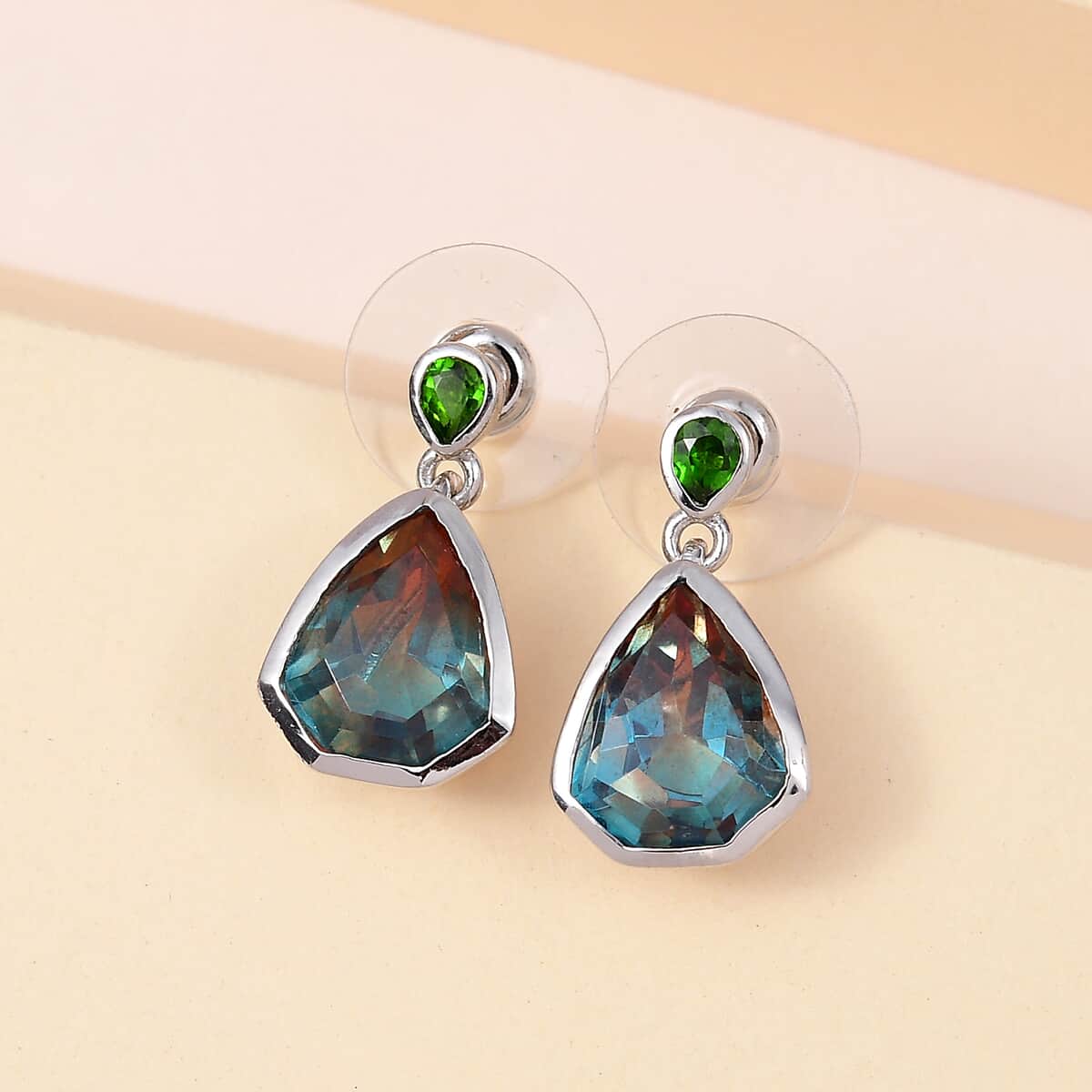 Aqua Terra Costa Quartz (Triplet) and Chrome Diopside Fancy Earrings in Platinum Over Sterling Silver 9.20 ctw image number 1