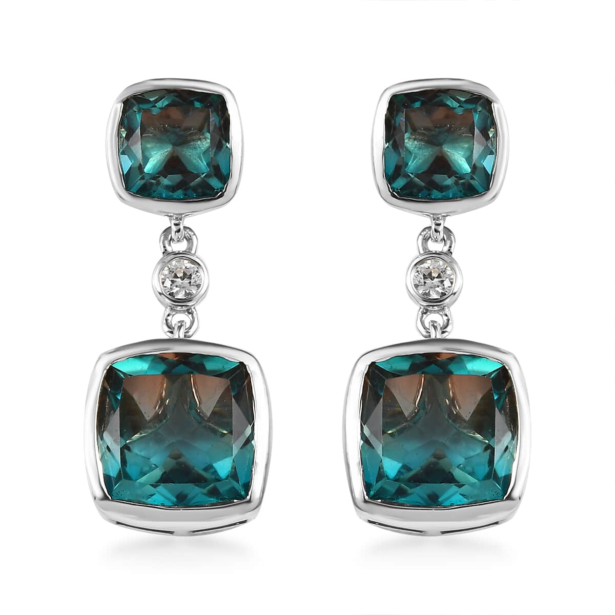 Aqua Terra Costa Quartz (Triplet) and White Zircon Dangling Earrings in Platinum Over Sterling Silver 12.60 ctw image number 0