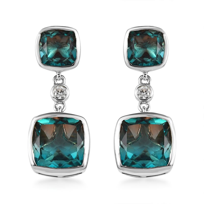 Aqua Terra Costa Quartz (Triplet) and White Zircon Dangling Earrings in Platinum Over Sterling Silver 12.60 ctw