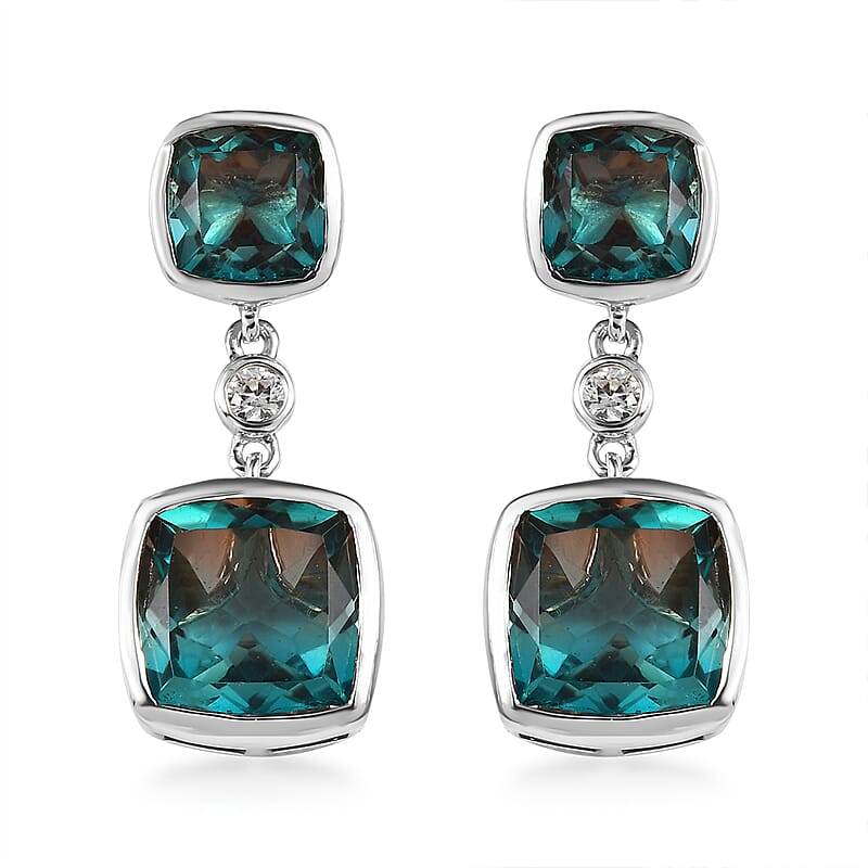 Aqua Terra Costa Quartz (Triplet) and White Zircon Dangling Earrings in Platinum Over Sterling Silver 12.60 ctw