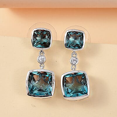 Aqua Terra Costa Quartz (Triplet) and White Zircon Dangling Earrings in Platinum Over Sterling Silver 12.60 ctw