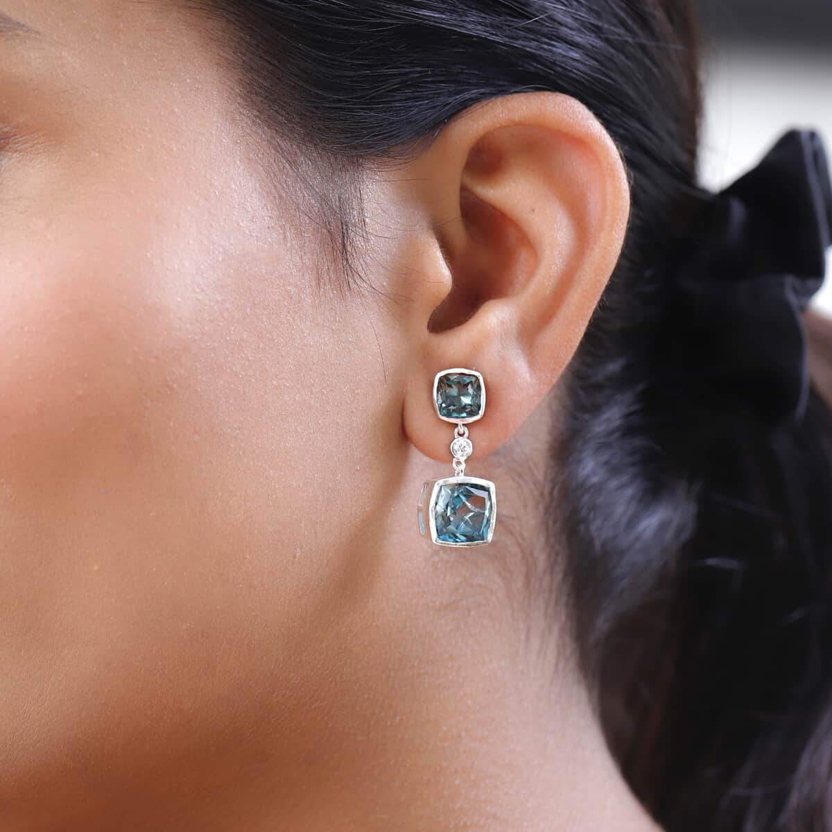 Aqua Terra Costa Quartz (Triplet) and White Zircon Dangling Earrings in Platinum Over Sterling Silver 12.60 ctw image number 2