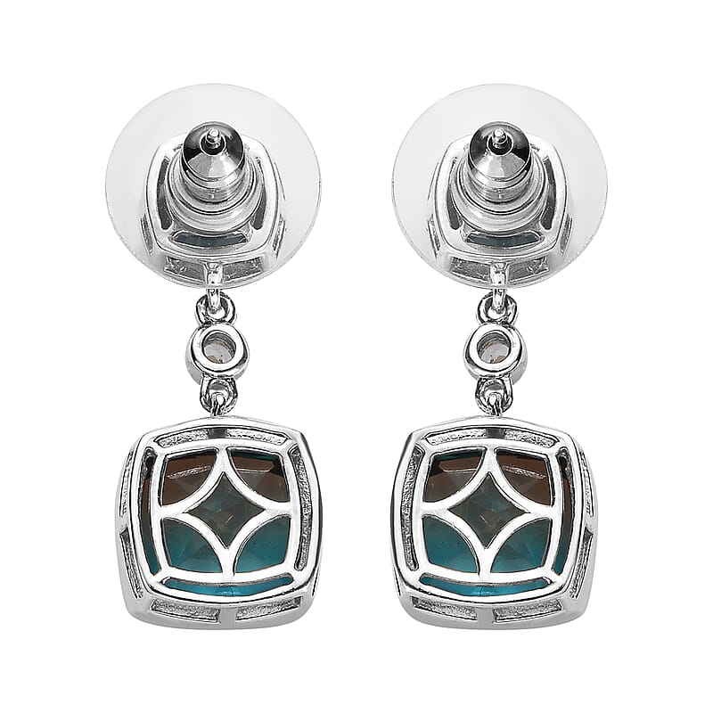 Aqua Terra Costa Quartz (Triplet) and White Zircon Dangling Earrings in Platinum Over Sterling Silver 12.60 ctw