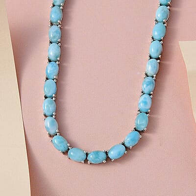 Larimar and Thai Black Spinel Tennis Necklace 18 Inches with Turtle Lock in Platinum Over Sterling Silver 61.15 ctw